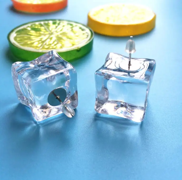 Женские серьги-гвоздики ручной работы с 3D кубиками льда простые прозрачные для