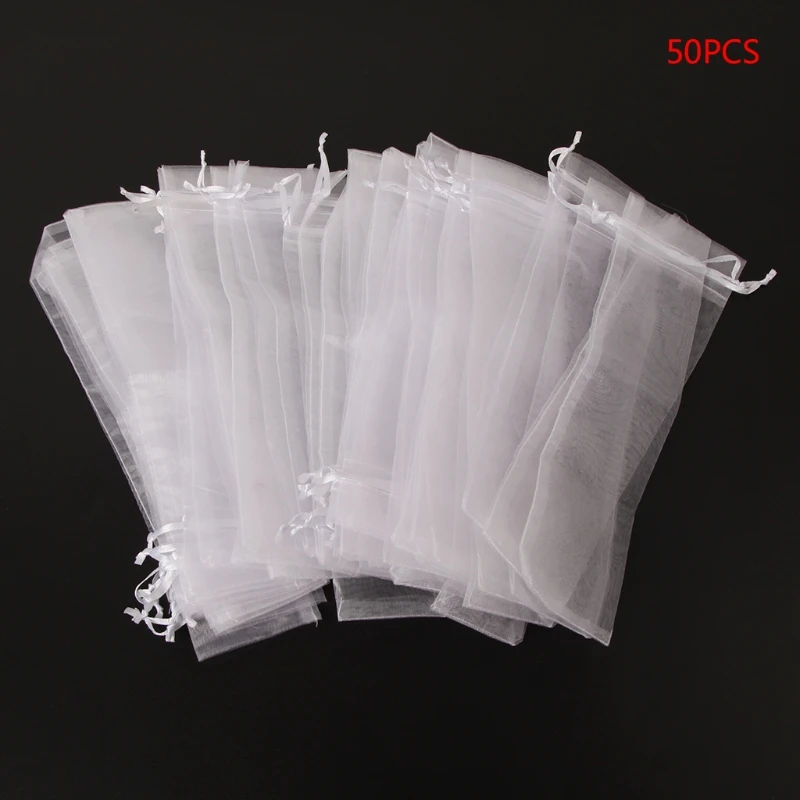 

50 Pcs White Drawstring Organza Folding Hand Fan Pouch Party Wedding Gift Bags