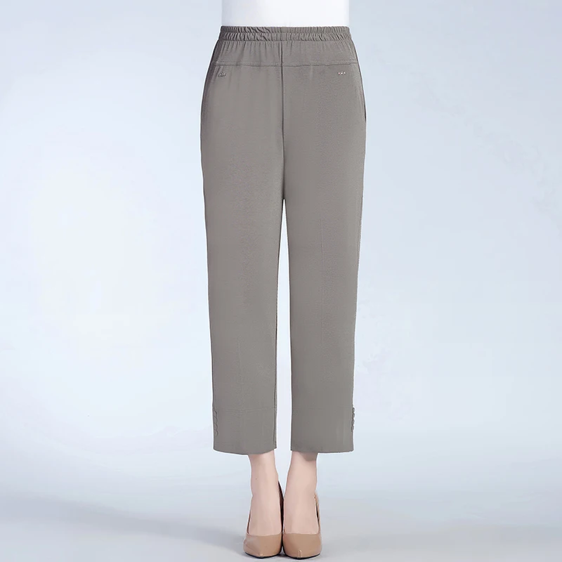 

Mature Women Casual Cropped Pant Khaki Green Black Gray Elastic Waist Straight Trouser For Middle Aged Bottoms Plus Size Clothes