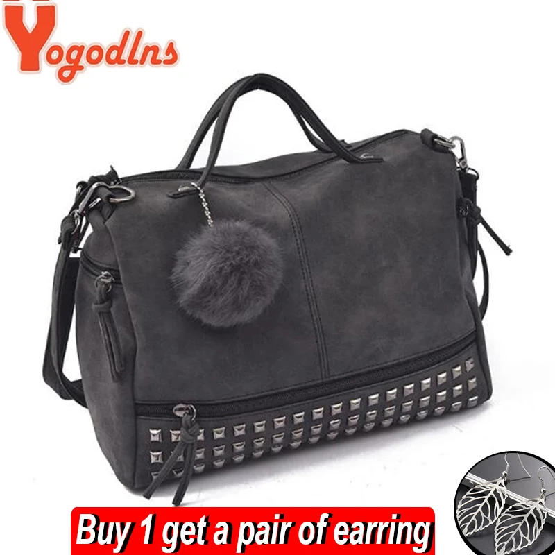 

Yogodlns Vintage Nubuck Leather Ladies Handbag Rivet Large Bags Hair Ball Women Shoulder Bag Motorcycle Messenger Top-Handle Bag
