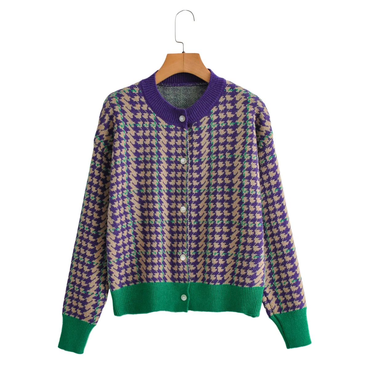 

Демисезонный женский кардиган с рисунком «гусиные лапки» контрастных цветов, вязаные свитера на пуговицах