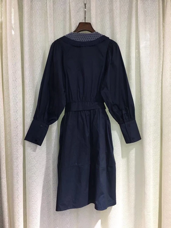 

2021 early spring new fashion women's polka dot embroidery lapel waist tie knotted waist long sleeve dress 106