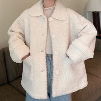winter coat korean new 2021 womens cotton padded jacket design feeling loose imitation lamb wool plush thickened top