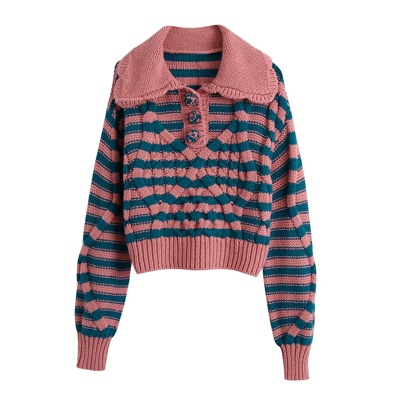 

Women cable-knit sweater with stripes Fashion Pullovers Ladies Winter peter pan collar Sweater Korean College Style Women Jumper
