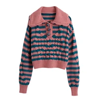 women cable knit sweater with stripes fashion pullovers ladies winter peter pan collar sweater korean college style women jumper