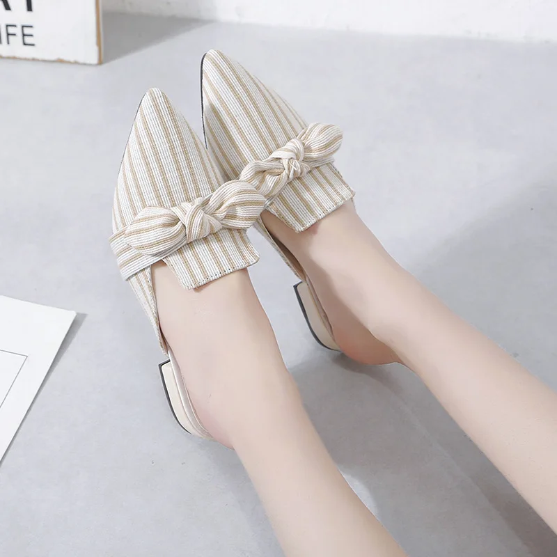 

Slippers Pointed Half Female Summer Wear New Striped Bow Baotou Thick Heel Muller Shoes Low Heel Half Drag Tide