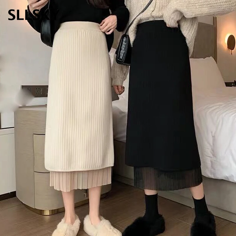

SLLSKY Casual New Knitted Women Skirt Slim Elastic Waist Two Sides Wear Wrap Hip Ladies Skirts Korean Chic Split Pleated Skirt
