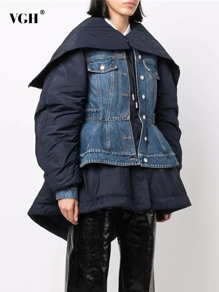 

Женская джинсовая куртка VGH, Прямая хлопковая куртка в стиле пэчворк с отложным воротником и длинным рукавом, модная уличная одежда