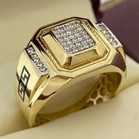 luxury gold color mens geometric square finger ring with rhinestone zircon crystal for male party wedding engagement jewelry