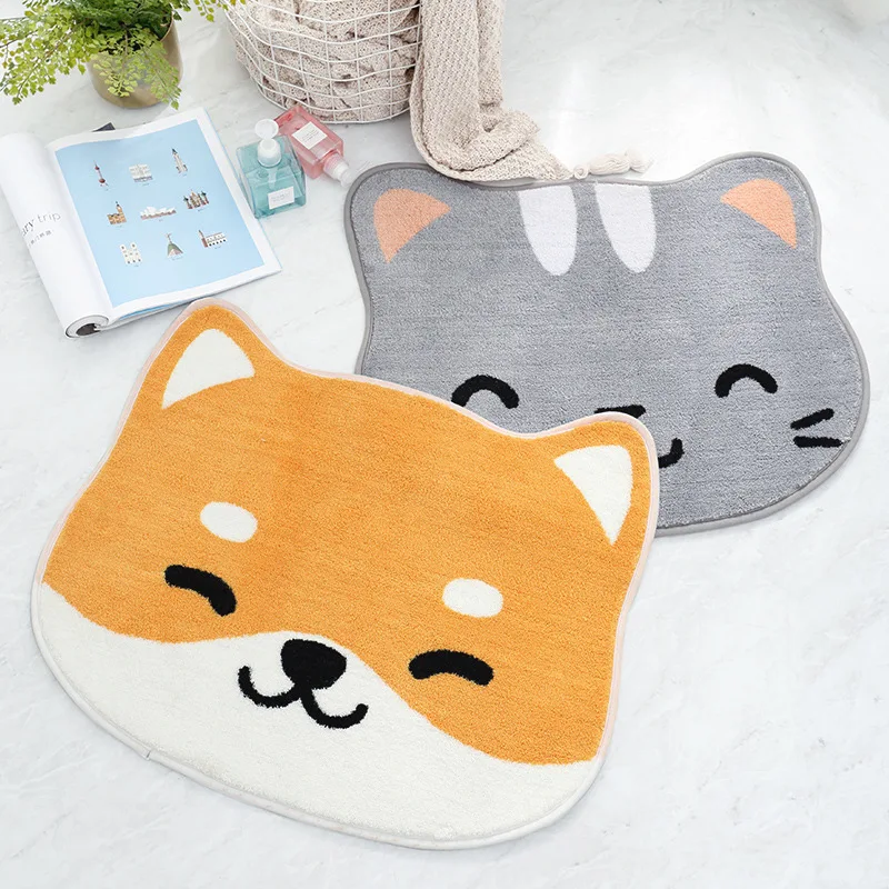 

Non-Slip Bathroom Mat Cartoon Bedroom Kitchen Absorbent Pad Yellow Flocking Household Comfort Carpet Cute Dog Cat Pattern Rugs