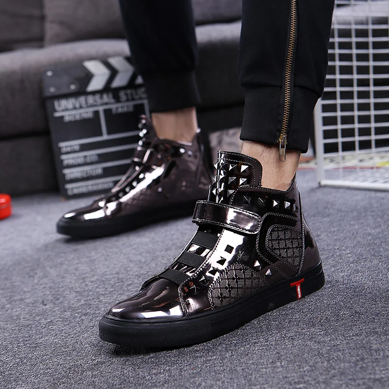 

England style mens casual breathable patent leather shoes hip hop oxfords shoe flat platform motorcycle ankle boots zapatos male