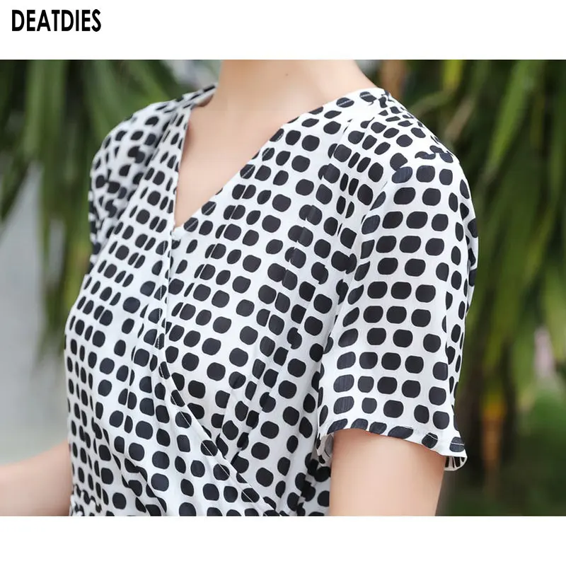 

New 2020 Black Dot Dress Women Elegant Ruffles Irregular Chiffon V Neck Short Sleeve Lady Office Dress Ladies Dresses Belt