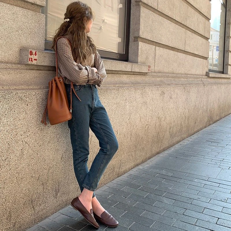 Рубашка женская в клетку с отложным воротником и длинным рукавом | Женская одежда