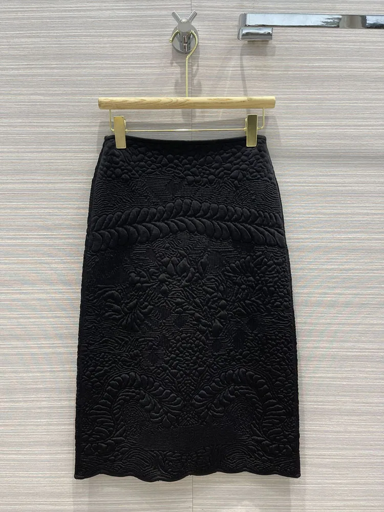 Vintage Mid-Calf Skirts for Women 2021 High-end Brand Design Empire A-Line Black Skirts Three-dimensional Gauffered Chic Skirts