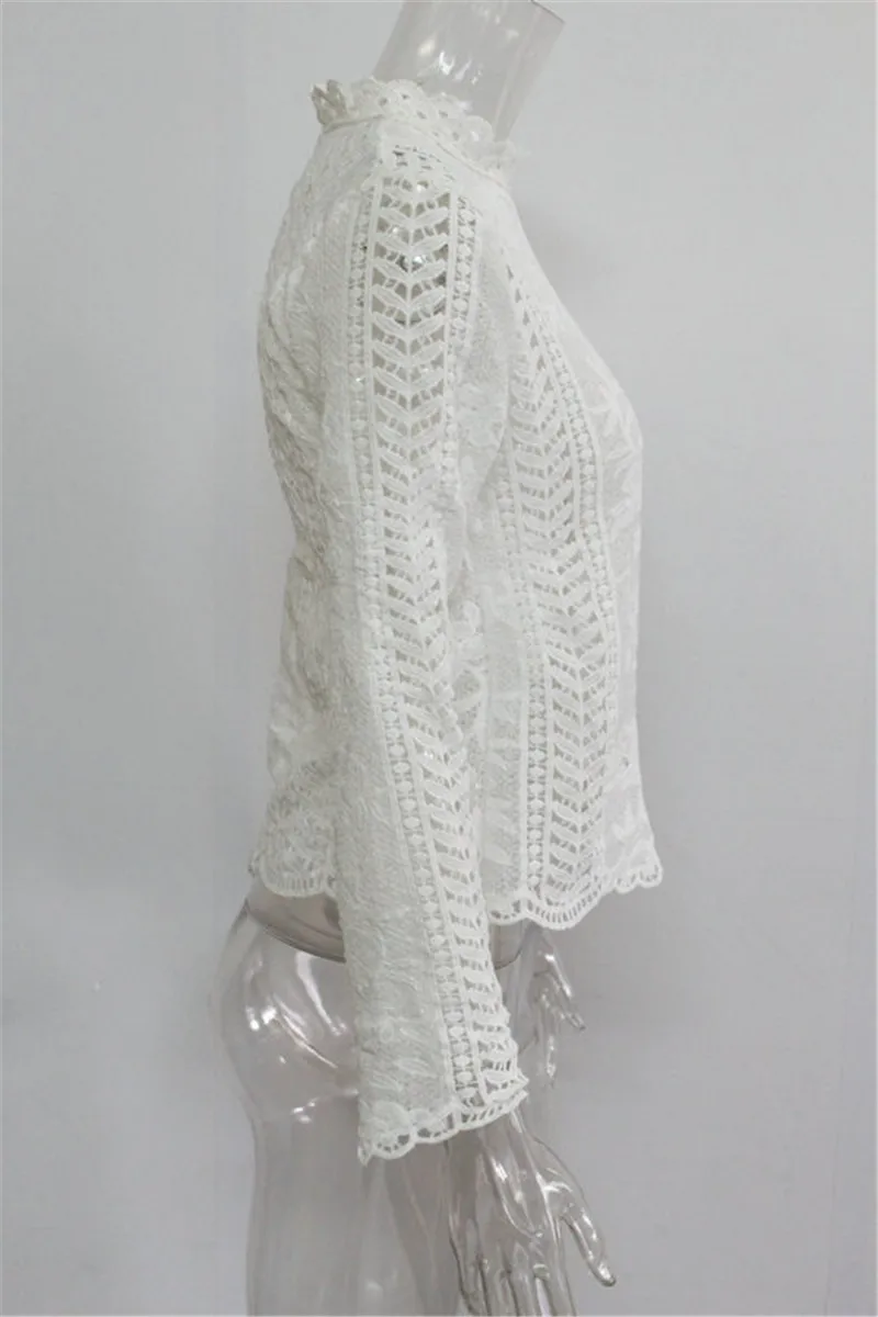 Женская кружевная блузка с воротником стойкой и длинным рукавом|blusas fashion|lace
