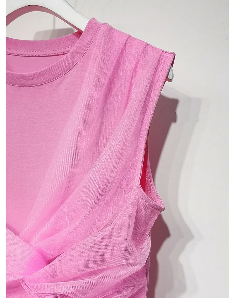 

2021 Summer New Design Tshirts Sleeveless Mesh Stitching Personality Short Slim Cotton T-shirt Female Top 6311 Women Clothing