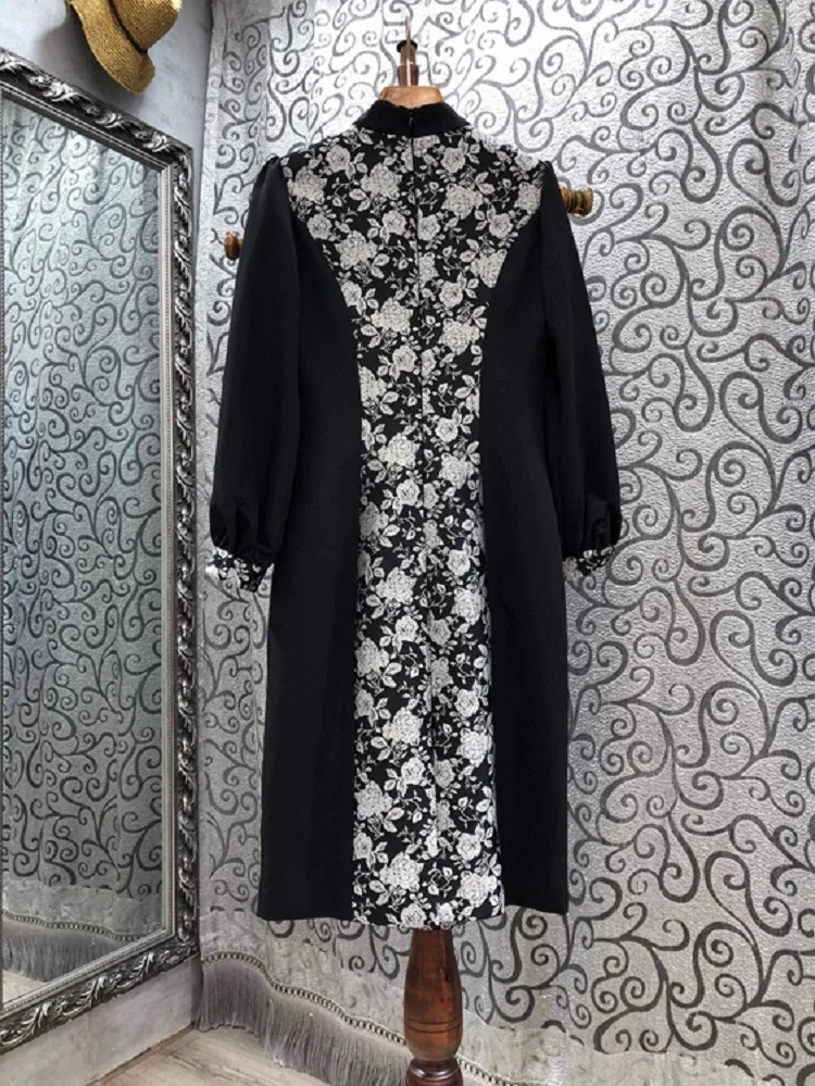 

Retro Dress Vintage 2021 Spring Summer Style Women Rose Flower Print Patchwork Long Sleeve Mid-Calf Length Black Dress Female