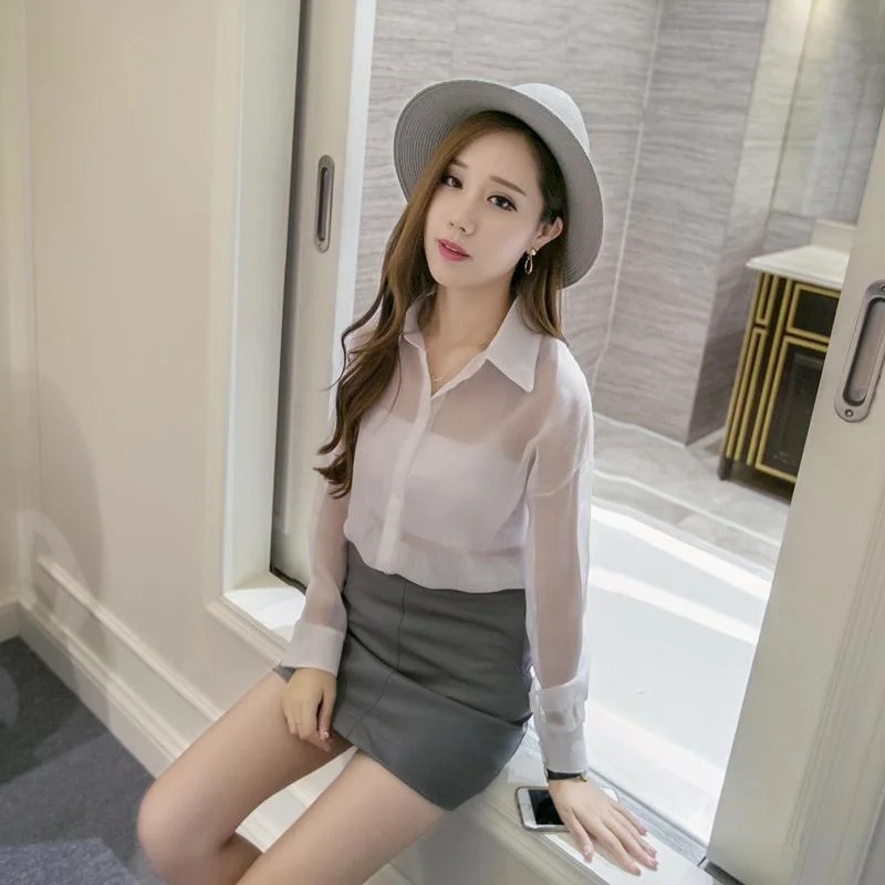 

Spring Chiffon Transparent Shirt Women's Long Sleeve See-through Blusas Ropa De Mujer