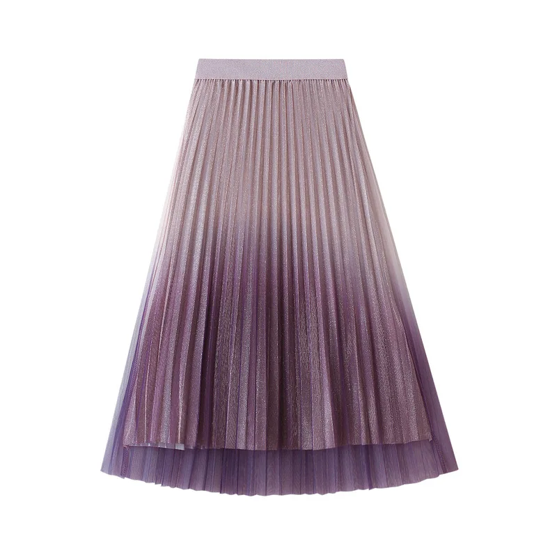 

Яркая шелковая сетчатая юбка, женские градиентные юбки, женские блестящие трапециевидные юбки с высокой талией, элегантные модные юбки