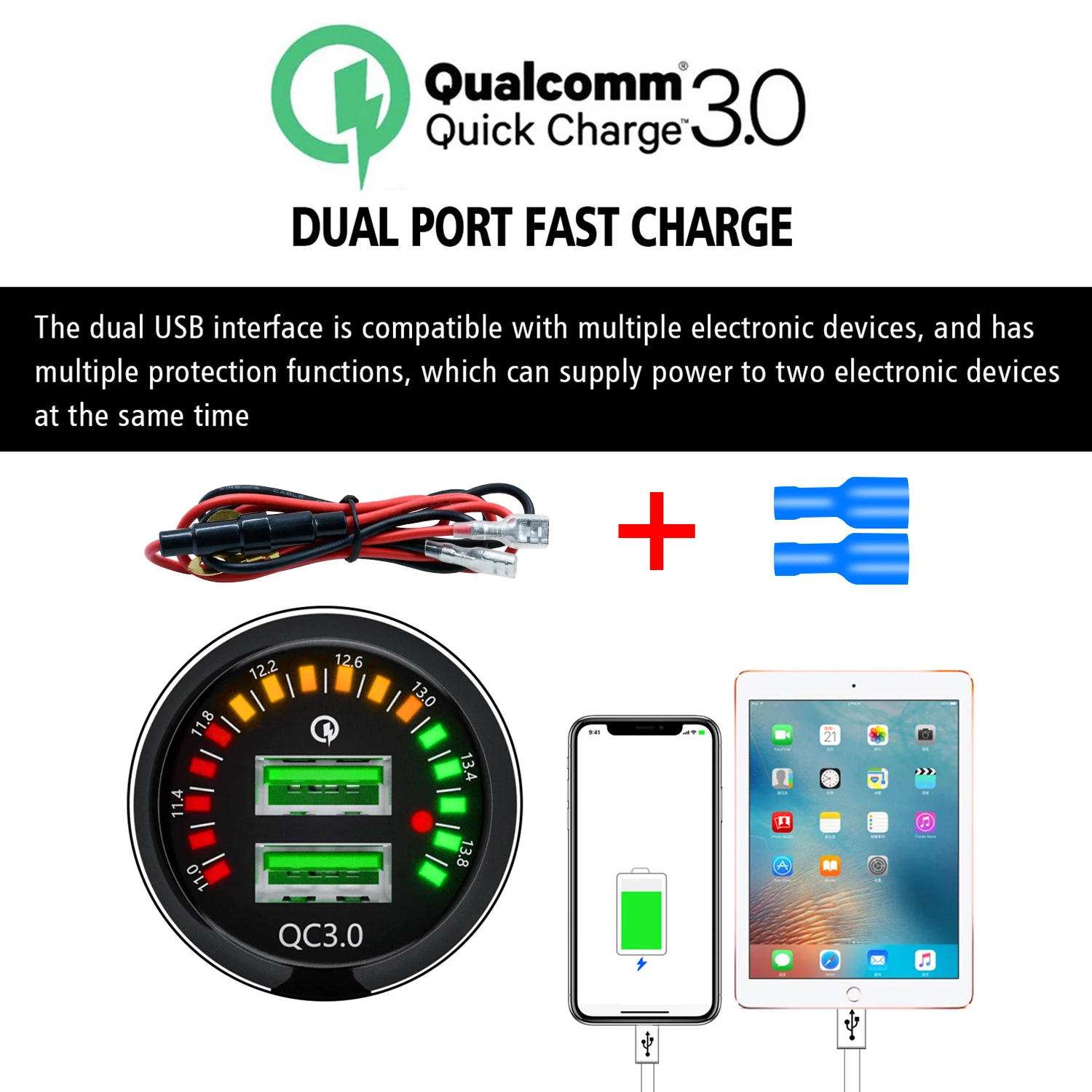 

Color Screen Voltmeter With Dual USB With 60CM Line Car Charger Durable And Practical ABS Flame-retardant