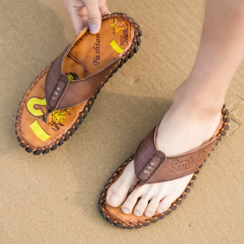

Men Outdoor Genuine leather Slippers Summer New Arrival Man Flip Flops Fashion Pinch Feet Male Beach Shoes Lightweight w5