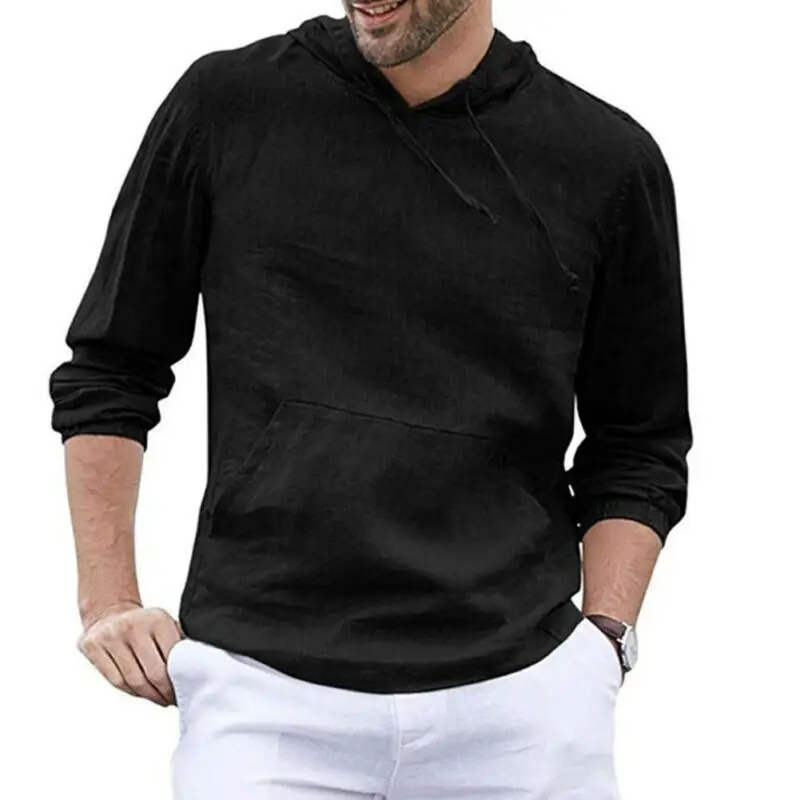 Футболка мужская с капюшоном хлопково-Льняная приталенная дышащая мягкая