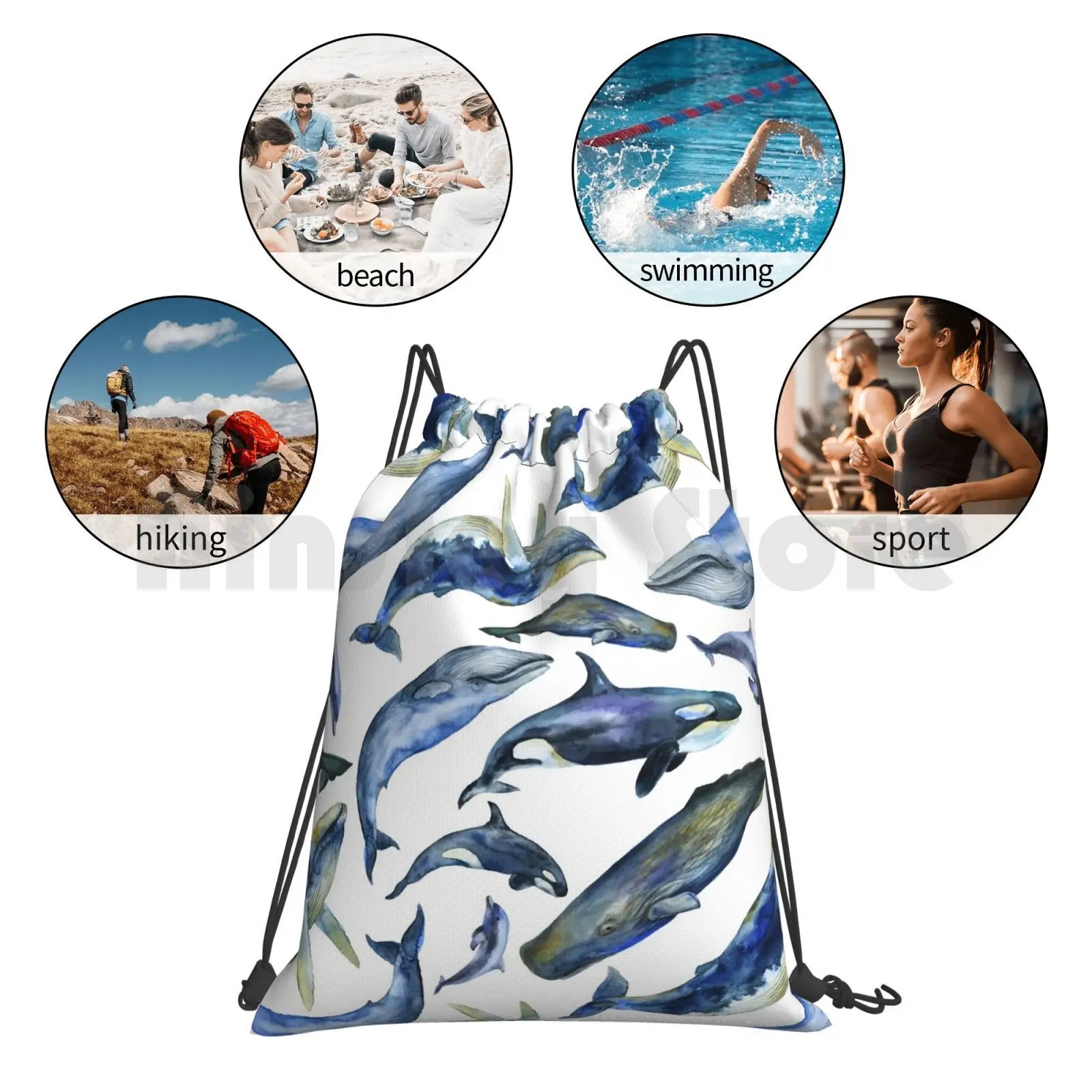 

Watercolor Whales Backpack Drawstring Bags Gym Bag Waterproof Whale Sea Humpback Whale Marine Mammal Watercolor Blue