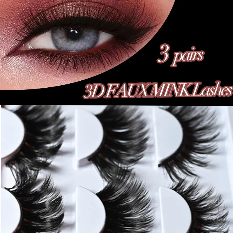 

3 Pairs 3D Faux Mink Lashes Hair Soft False Eyelashes Fluffy Wispy Eye Lashes Eyelash Extension Glued Adhesive Makeup