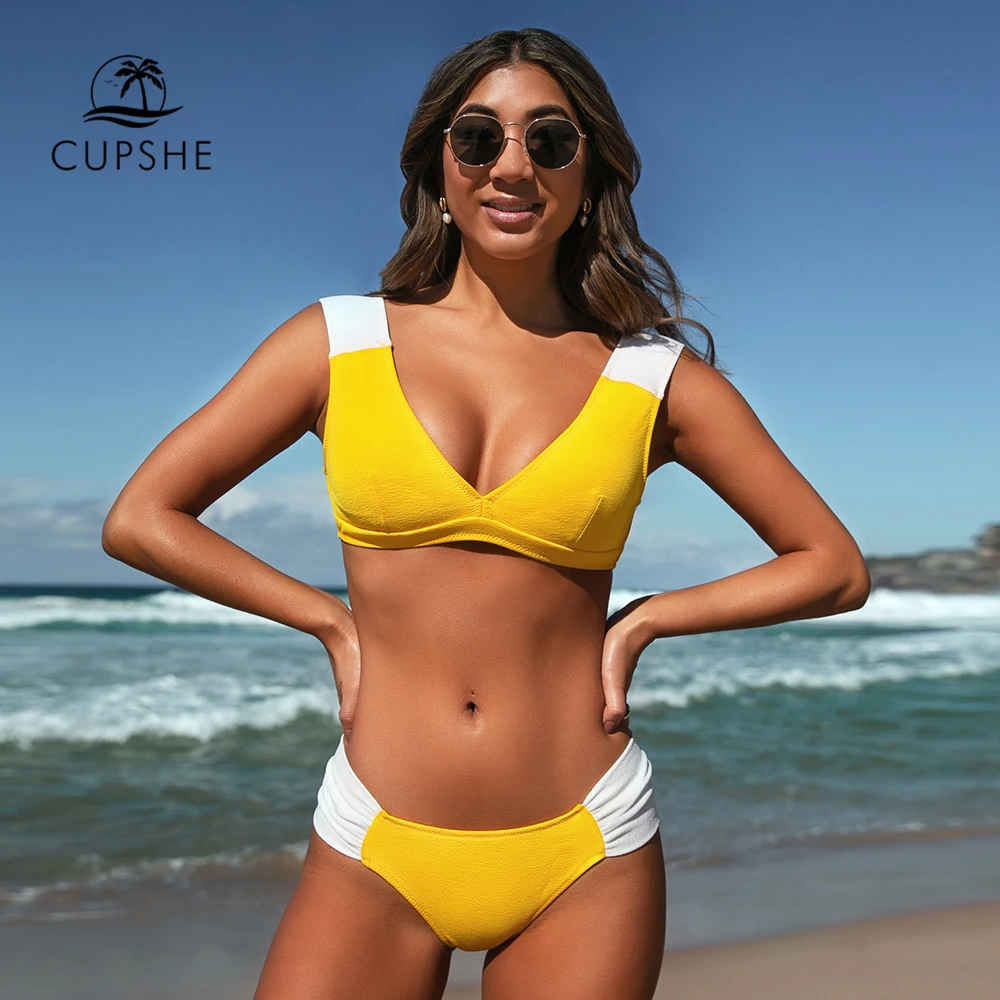 Женский раздельный купальник CUPSHE желтый и белый купальник-бикини со средней