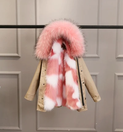 Khaki Pink White Детское зимнее пальто куртка из искусственного меха лисы для мальчиков и девочек Толстая теплая парка большое меховое пальто с капюшоном Детская верхняя одежда - Цвет: Khaki Pink White