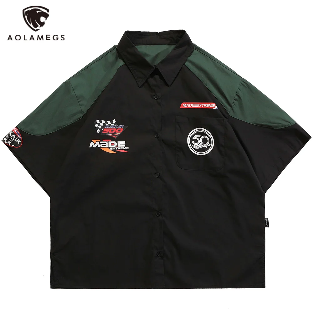 

Aolamegs Biker Shirt Men Color Block Patchwork Cargo Short Sleeve Shirts Couple Vintage Harajuku Oversize Tops Spring Streetwear