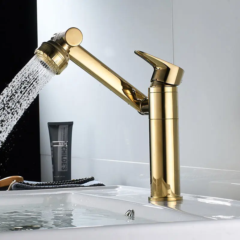 

Bathroom Basin Faucets Brass Gold Sink Mixer Taps Hot & Cold Single Handle Rotatable Lavatory Water Crane Dual Mode Effluent New