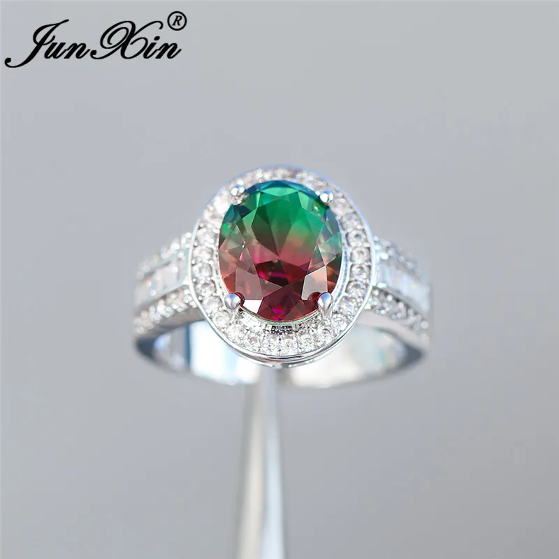 Luxury Big Oval Mystic Rainbow Fire Crystal Rings For Women Silver Colorful Rose Red Green Zircon Wedding Bands Boho Jewelry | Украшения и