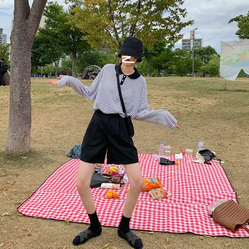 Simple Button Line Red White Striped Casual Patchwork Fresh Regular Long Sleeve All Match Hit Koren Style Female Polo Shirts |