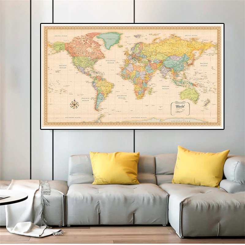 

The Retro World Map 5 Sizes Poster Non-woven Canvas Painting Wall Art Picture Home Decoration School Supplies Children Study