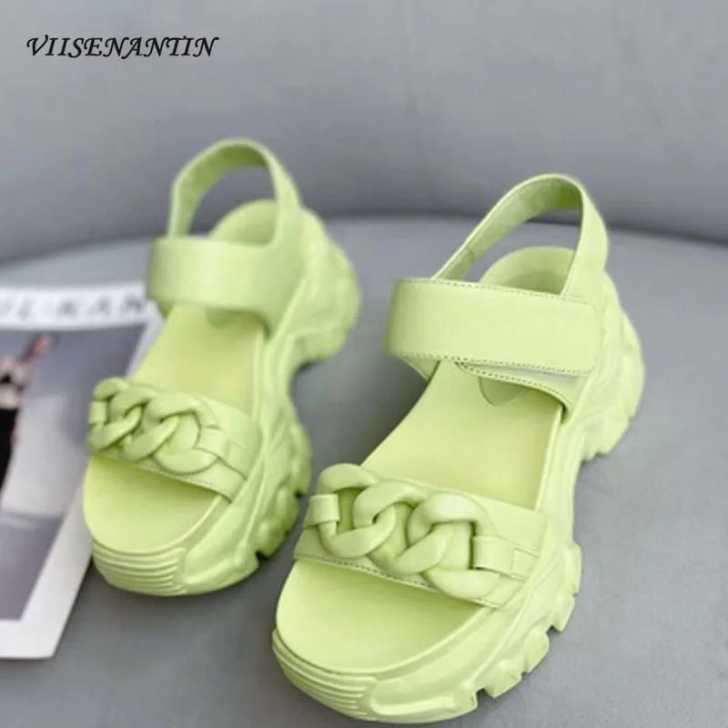 

Open-toed Leather Velcro Chain Print Platform Shoes Thick-soled Lightweight Soft-soled Waterproof Platform Fashion Sandals