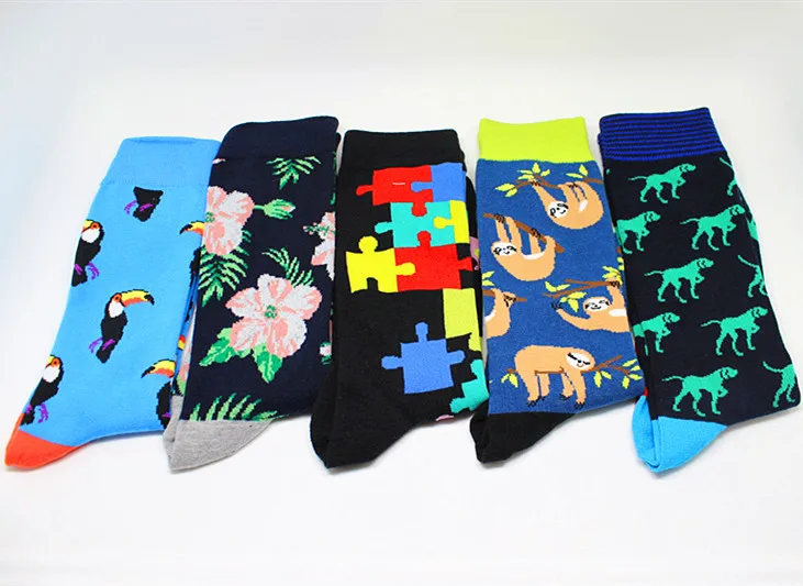 Носки с рисунком PacMan, фолифора, пингвин, кактус, головоломка, тигр, носорог, ласточка, панда, будильник, радио, Мультяшные мужские хлопковые носки