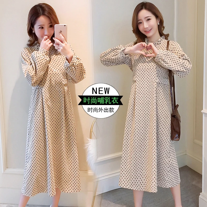 Платье для беременных и кормящих матерей осень-зима с длинным рукавом в горошек