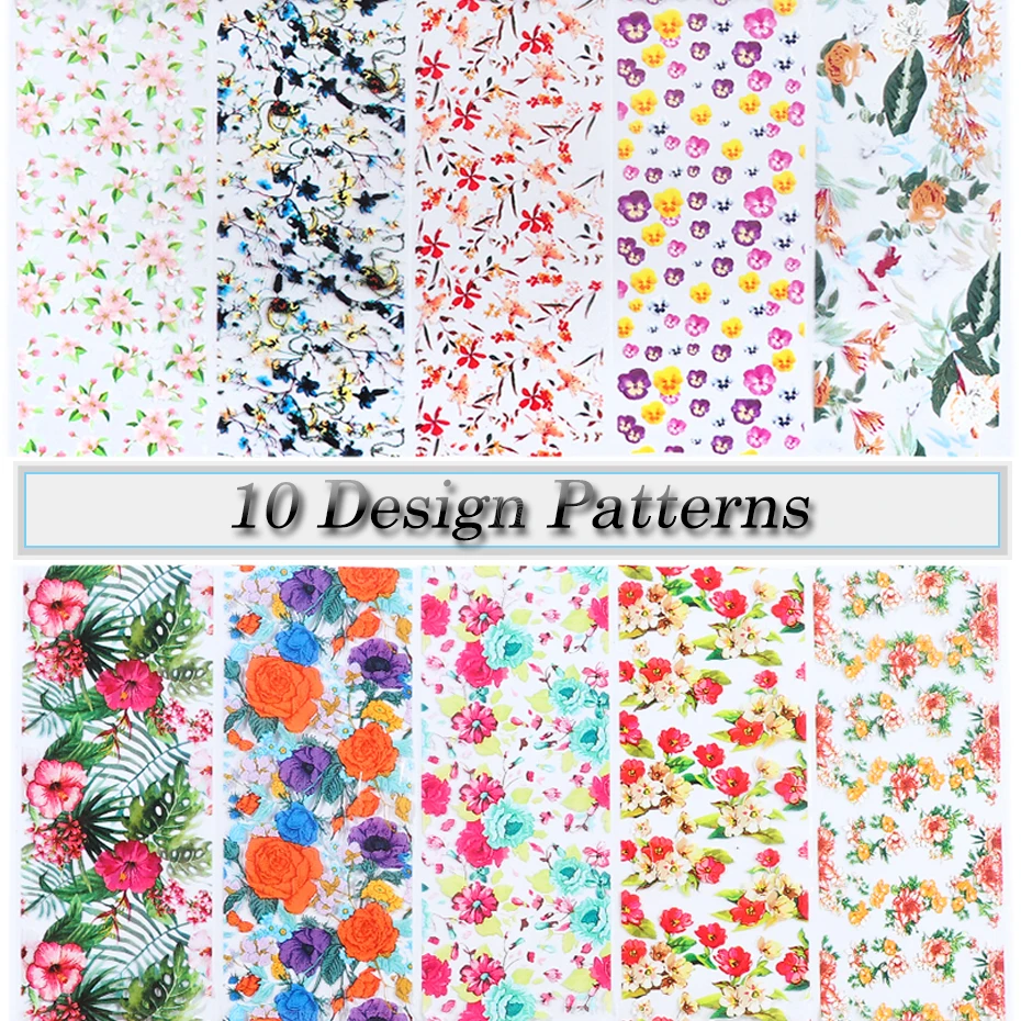 10 шт. цветные наклейки из фольги с цветами на ногти DIY Переводные переводные наклейки Слайдеры для татуажа маникюрные обертывания клей дизайн ногтей JIXK718