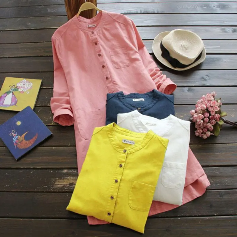 

Women Retro Cotton Linen Long Sleeve Casual Loose Solid Long Tops Blouse Mini Shirt Dress S-5XL BX0A