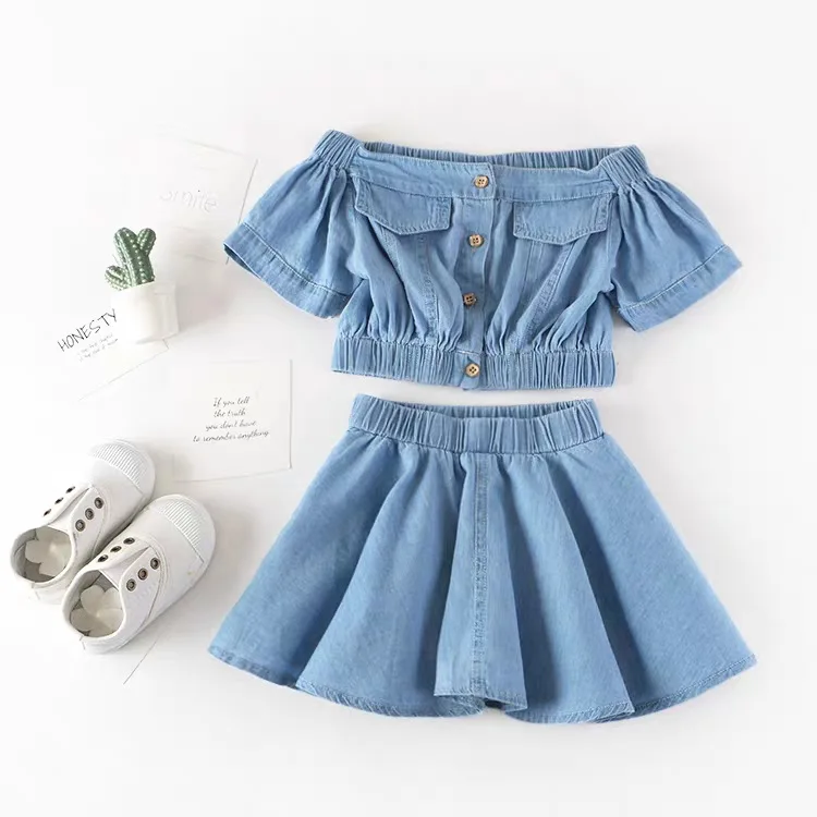 

2020 girls summer clothes set shoulder off jeans shirt and skirt girls fashion sets ouftits kids clothes cool sets