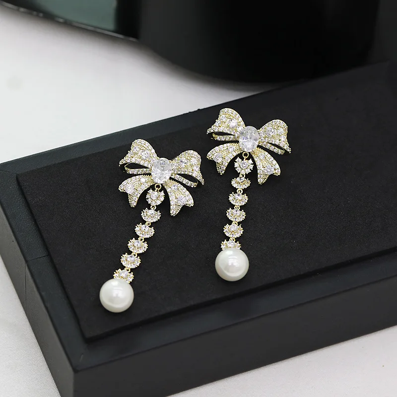 

1Pair Luxury Bowknot Earrings Drop Pearl Super Shine Korea Fashion Silver Color Needle Earrings for Women Jewelry Inlay Zircon