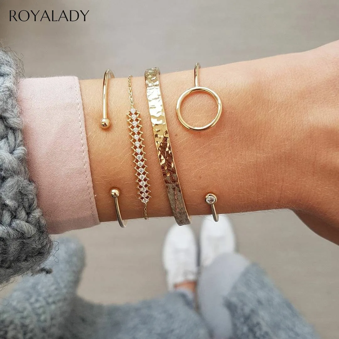 4 Pcs/ Set Bohemian Crystal Round Chain Multilayer Bracelet Female Charm Jewelry Adjustable Geometric Opening Gift | Украшения и