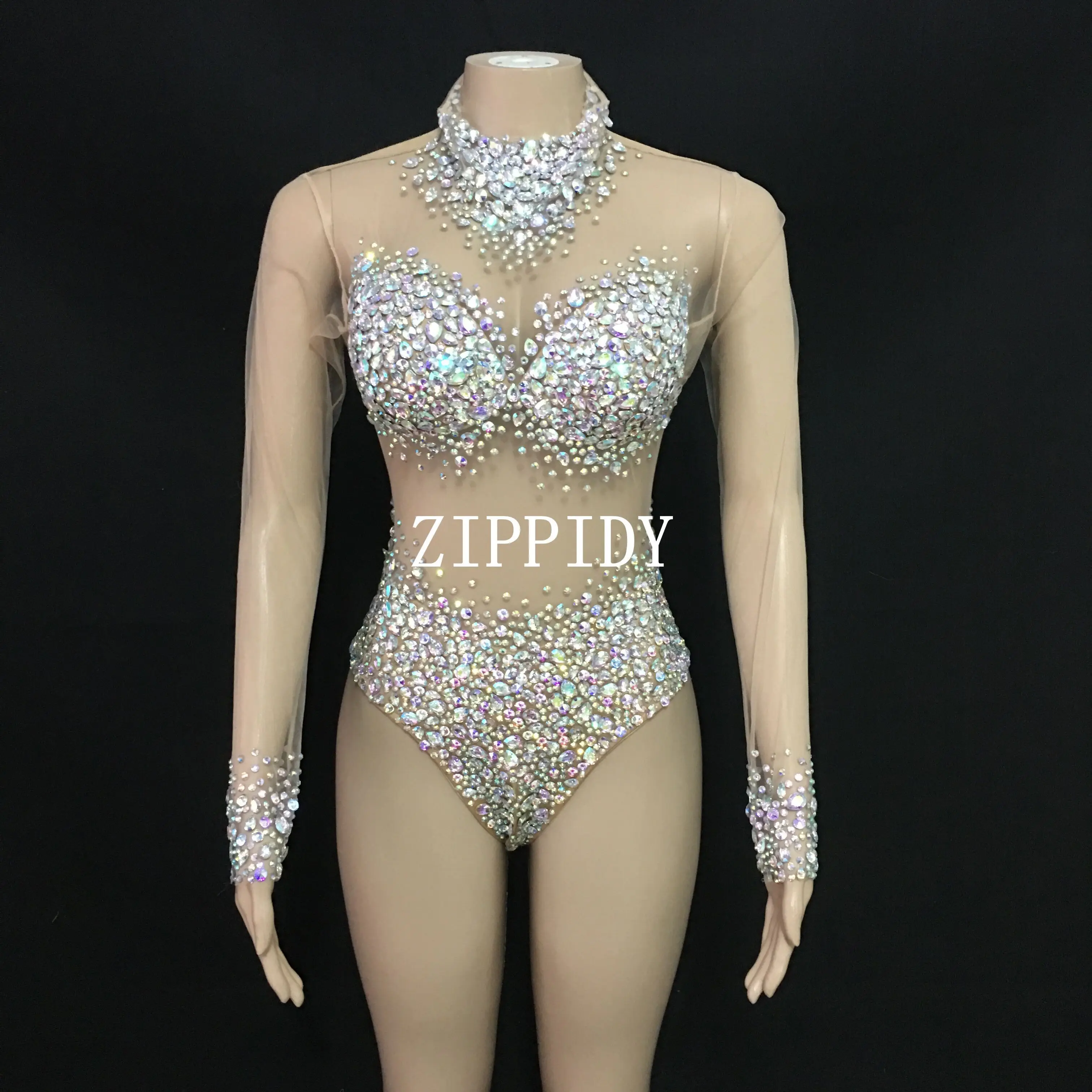 New 6 Colors Rhinestones See Through Bodysuit Big Stones Long Sleeves Sexy Mesh Performance Bodysuit Bar Nightclub Dance Outfit