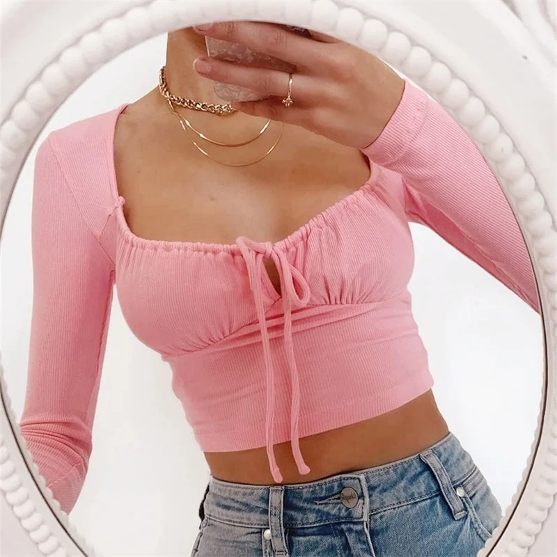 Long 2021 Sleeve Lace-up Tops Women Fashion Square Collar Solid T-Shirt Slim Ribbed Drawstring Tee Clothes Sweet Bandage Top