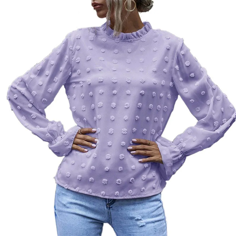 

YGYEEG Ladies Women Fashion Casual Chiffon Blouses Shirts Sexy Flared Long Sleeve Polka Dot Hollow Slim Back Button Tops Clothes