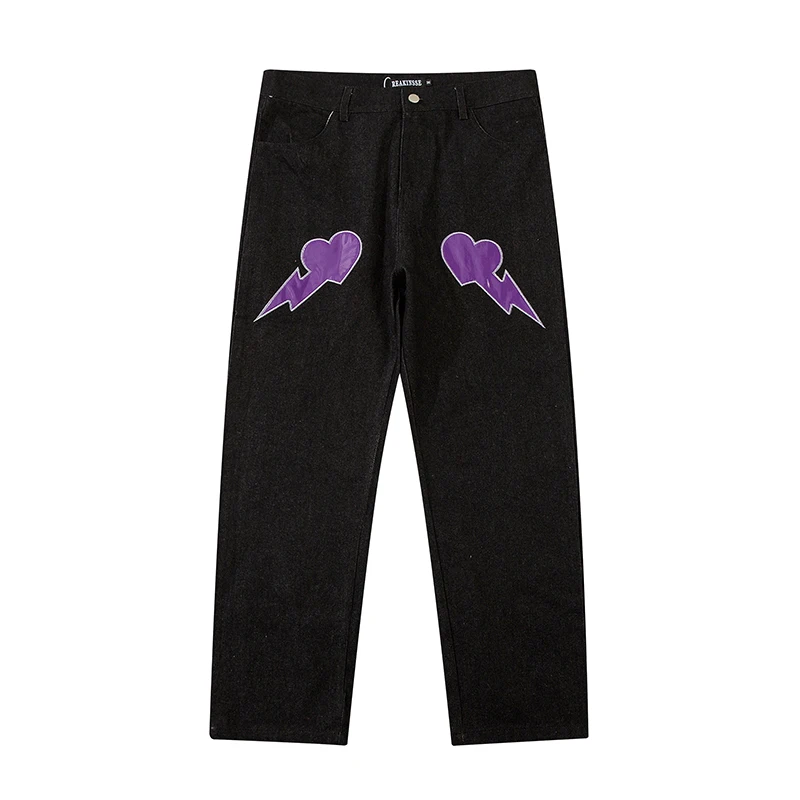 

High Street Love Embrodiery Straight Casual Denim Trousers Men and Women Vibe Style Harajuku Washed Jeans Pants