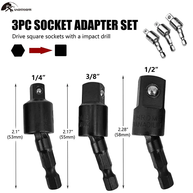 3PCS Wobble Socket Adapters 360 Degree Universal Joint Swivel Set 1/4 Inch Hex Shank To 3/8 1/2 Square Drives | Инструменты