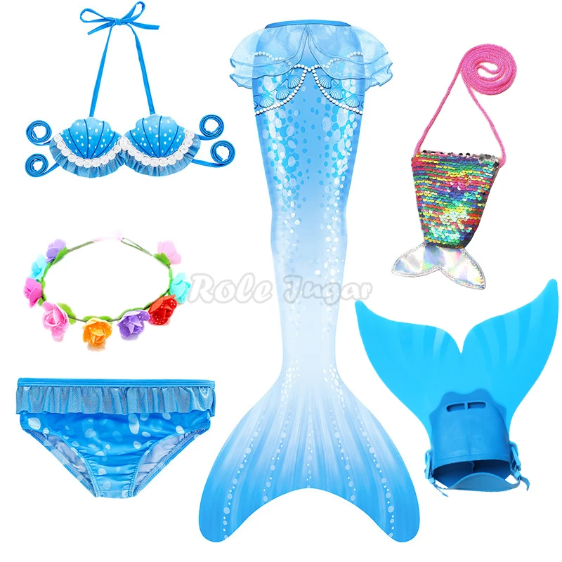 

Платья 2021 хвост русалки с моноластами костюм Русалочки бикини для косплея Купальник для девочек платье с сумкой-гирляндой