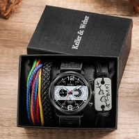 male bracelet watch gift set mens business leather watch quartz brown watch woven bracelets best new year gift box for husband